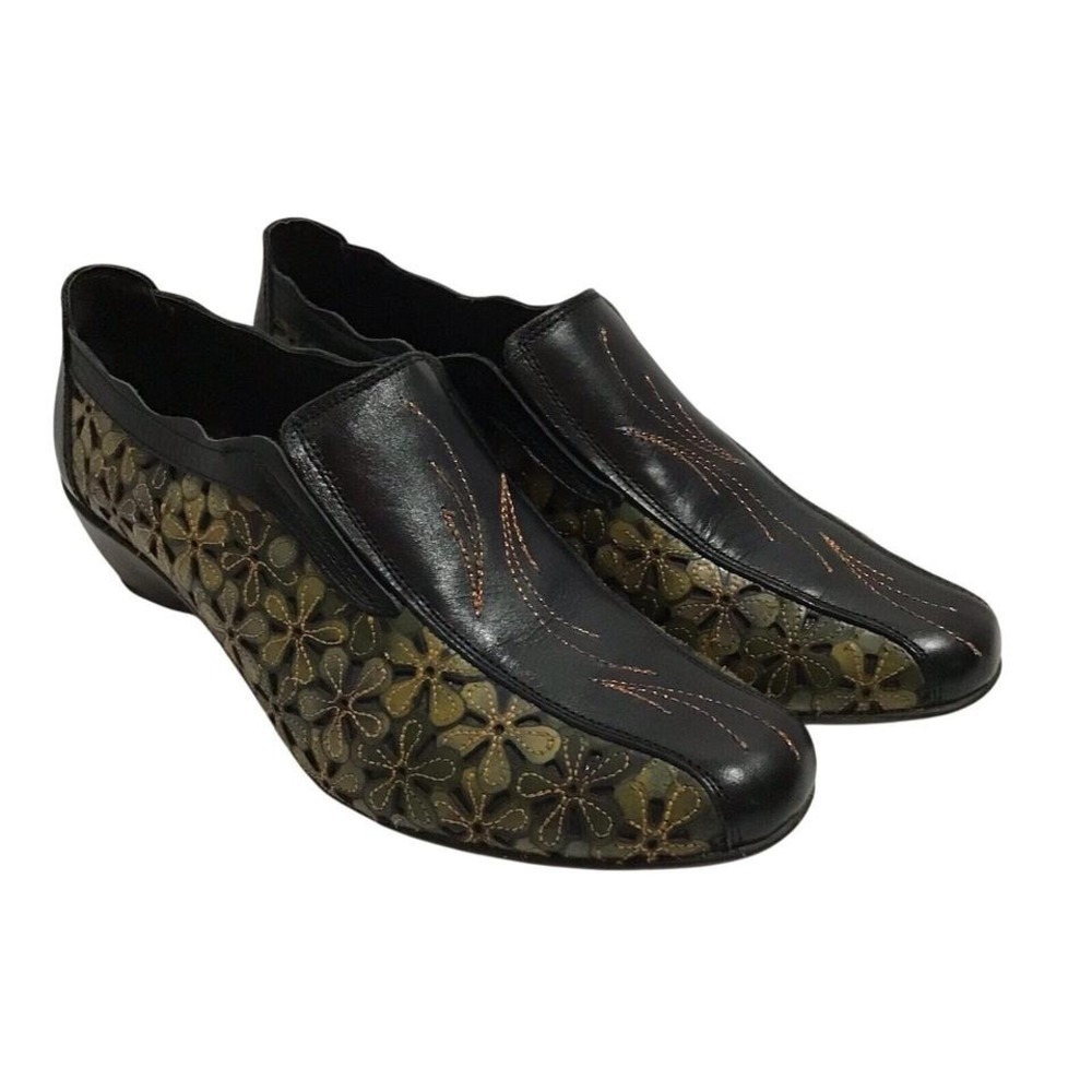 Pikolinos Womens 37 Black Olive Green Floral Leather Laser Cut Wedge Shoes - Picture 3 of 8